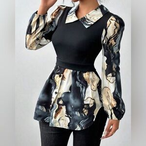 Marble Print Colorblock Knit Ribbed 2 in 1 Top